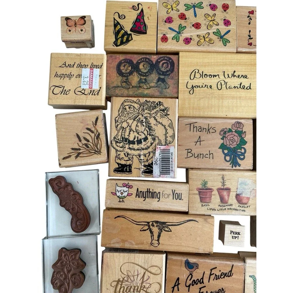 48 Rubber Stamp Lot Wood Mount & Acrylics New and Used Assorted
